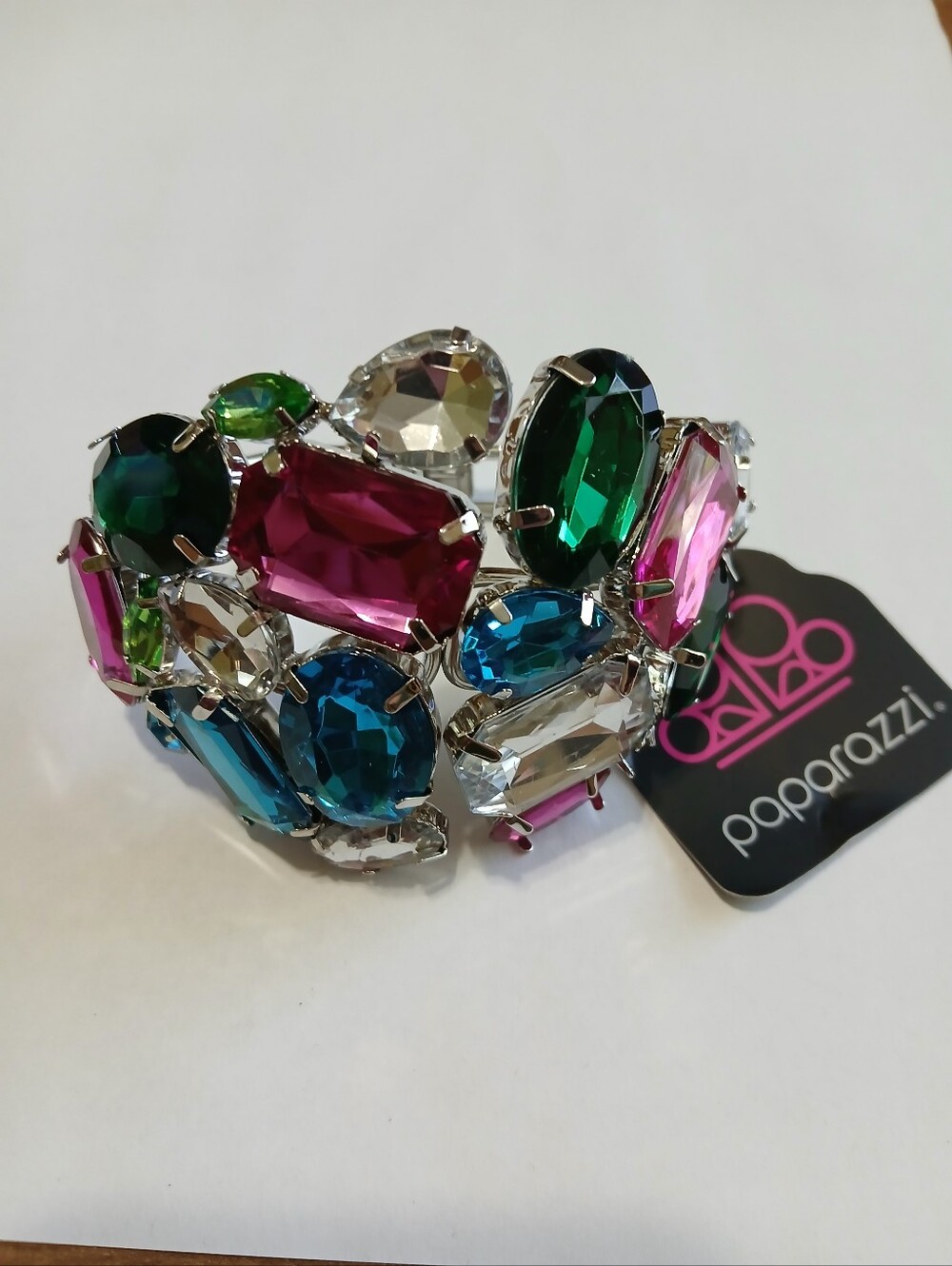 Paparazzi Vibrant Multicolor Crystal Cluster Bracelet - Pink, Green, Blue, Clear